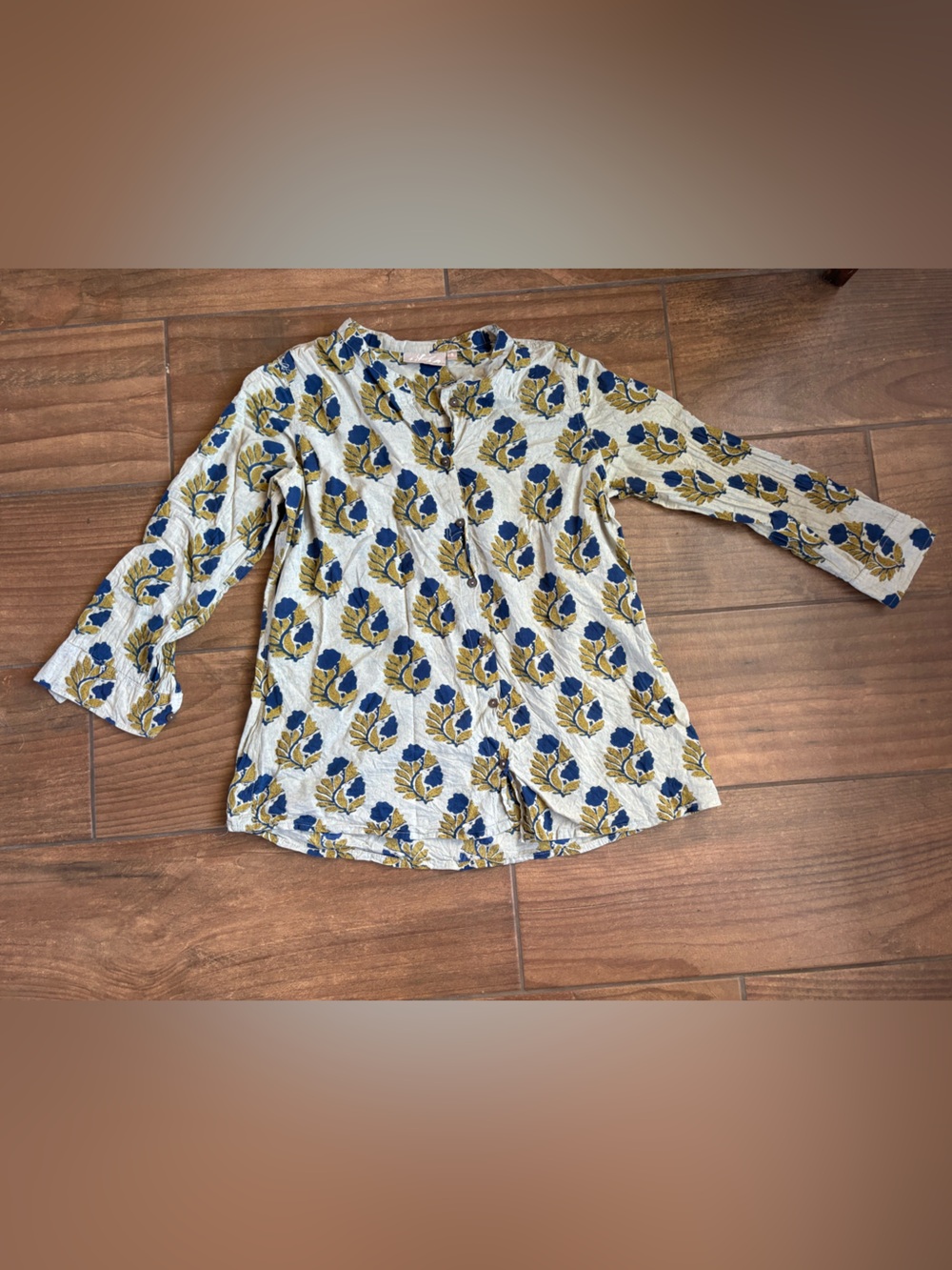 Utsa 100% Cotton Floral Block Print Button Front Top Size L 3/4 sleeve